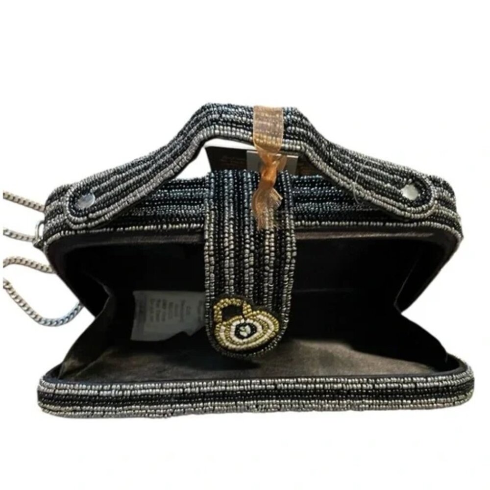 NWT Black Silver Stripe Travel Beaded Made in India Passport Plane Crossbody Bag - Picture 3 of 6